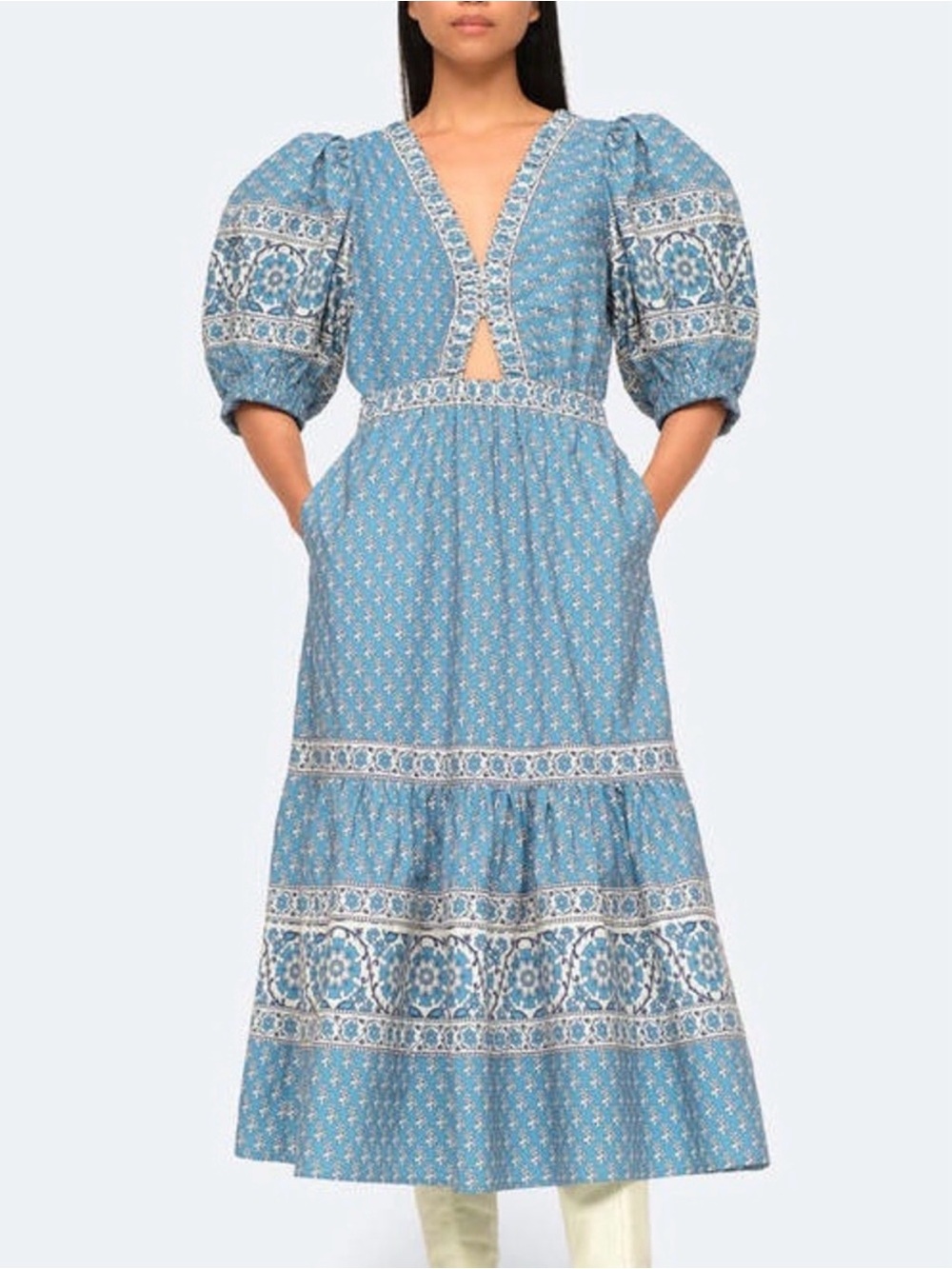 Sea NY Fernanda Blue Cotton Cut-Out Puff Sleeve Midi Dress Size 14